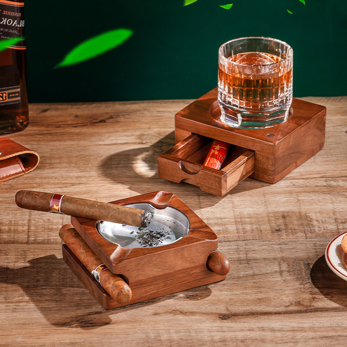 Cigar Ashtray with Whiskey Coaster Storage Drawer Set