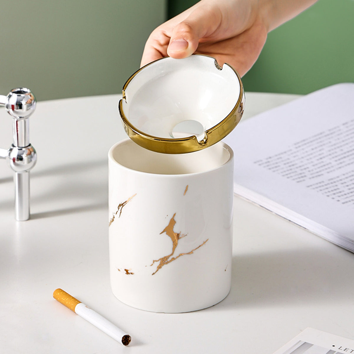 Ashtray with Funnel Lid and Gold Patterns Ashtray