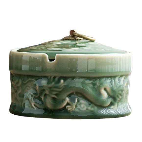 outdoor ashtray for patio with lid ceramic lotus carving green