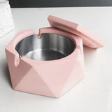 Outdoor Ashtray with Lid Hexagonal Cement Ash Tray Covered Lidded Windproof Smokeless Heavy pink