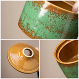 Collage of a ceramic pot with green and brown glaze, showing different angles and details.