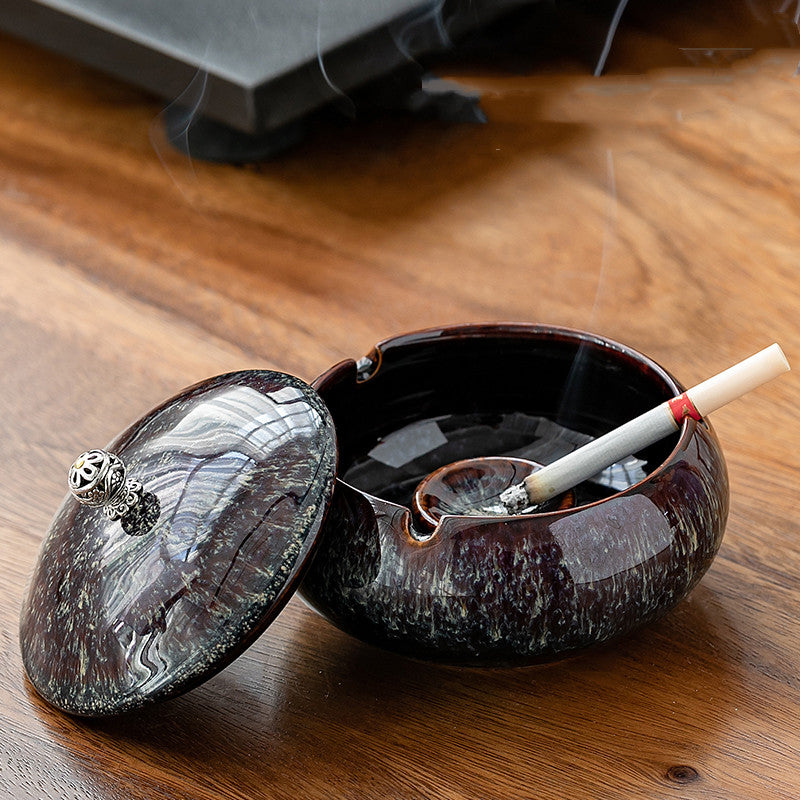Ceramic Ashtray with Lid for Indoor and Outdoor Use E