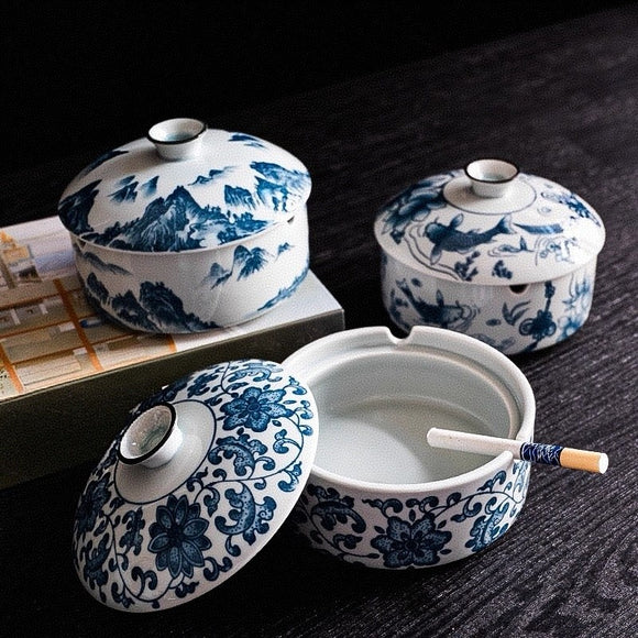 Classic Porcelain Ashtray Traditional Blue White Design Ash Tray Ceramic Clay