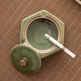 Cool Outdoor Ashtray with Lid Ceramic Hexagon Covered Windproof Smokeless Ash Tray Pottery Porcelain Clay