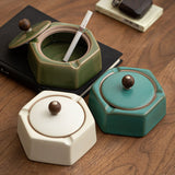 Cool Outdoor Ashtray with Lid Ceramic Hexagon Covered Windproof Smokeless Ash Tray Pottery Porcelain Clay