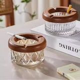 Cute Crystal Glass Ashtray with Wooden Cigarette Rest Cool Ash Tray
