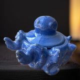 Ceramic Octopus Ashtray with Lid Handmade Smokeless Decorative Cigarette Ash Tray Blue