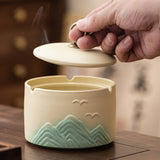 Japanese Ceramic Covered Ashtray Mountain Design Decorative Ash Tray Lidded Smokeless for Patio