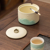 Japanese Ceramic Covered Ashtray Mountain Design Decorative Ash Tray Lidded Smokeless for Patio