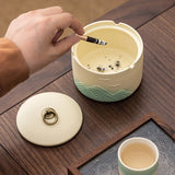 Japanese Ceramic Covered Ashtray Mountain Design Decorative Ash Tray Lidded Smokeless for Patio