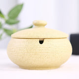 Sand beige matte ceramic ashtray with lid soft textured finish