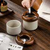 Modern Ceramic Ashtray with Wooden Removable Lid Cool Cute Porcelain Clay Ash Tray