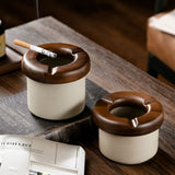 Modern Ceramic Ashtray with Wooden Removable Lid Cool Cute Porcelain Clay Ash Tray