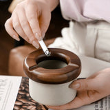 Modern Ceramic Ashtray with Wooden Removable Lid Cool Cute Porcelain Clay Ash Tray
