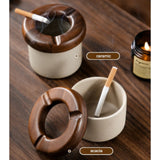 Modern Ceramic Ashtray with Wooden Removable Lid Cool Cute Porcelain Clay Ash Tray