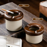 Modern Ceramic Ashtray with Wooden Removable Lid Cool Cute Porcelain Clay Ash Tray