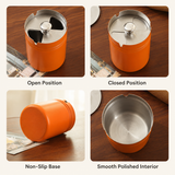Orange stainless steel ashtray feature collage showing open position, closed position and non-slip base