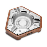 Silver alloy hexagon cigar ashtray with solid wood base on white background
