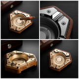 Collage of modern hexagon cigar ashtray details in gold and black finishes