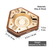 Dimensions of brushed gold alloy and wood hexagon cigar ashtray
