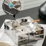 Silver cube ashtray feature collage with groove detail, ash capacity, and practical tabletop use