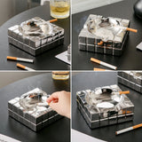 Modern silver cube ashtray collage showing lifestyle use, smoking grooves, and reflective finish