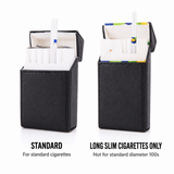 Standard and long slim cigarette case size comparison open with cigarettes