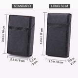 Two views of a black textured leather card holder or lighter case shown on a white background, labeled STANDARD and LONG SLIM, with dimension measurements around the product.