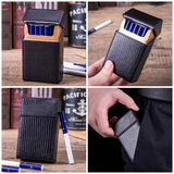 Black embossed cigarette case PU leather slim holder showing open capacity, magnetic closure and pocket carry usage