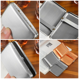 Metal cigarette case detail collage showing polished finish and interior storage