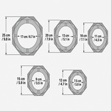 Crystal ashtray size chart showing outer diameter and bowl diameter in inches and cm