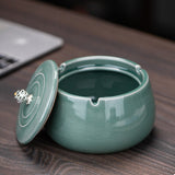 Covered Ashtray for Outdoor Patio Ceramic Lidded Windproof Smokeless Cool Ash Tray