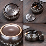 Covered Ashtray for Outdoor Patio Ceramic Lidded Windproof Smokeless Cool Ash Tray