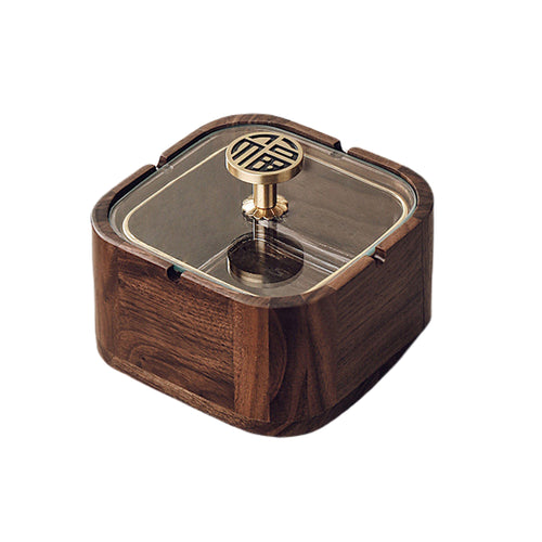 Cute Wooden Ashtray with Lid Cool Glass Ash Tray Covered Lidded Windproof