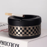 Metal Shorty Ashtray with Funnel Lid Stainless Steel Windproof Covered Lidded Cool Cute Ash Tray Black Checker