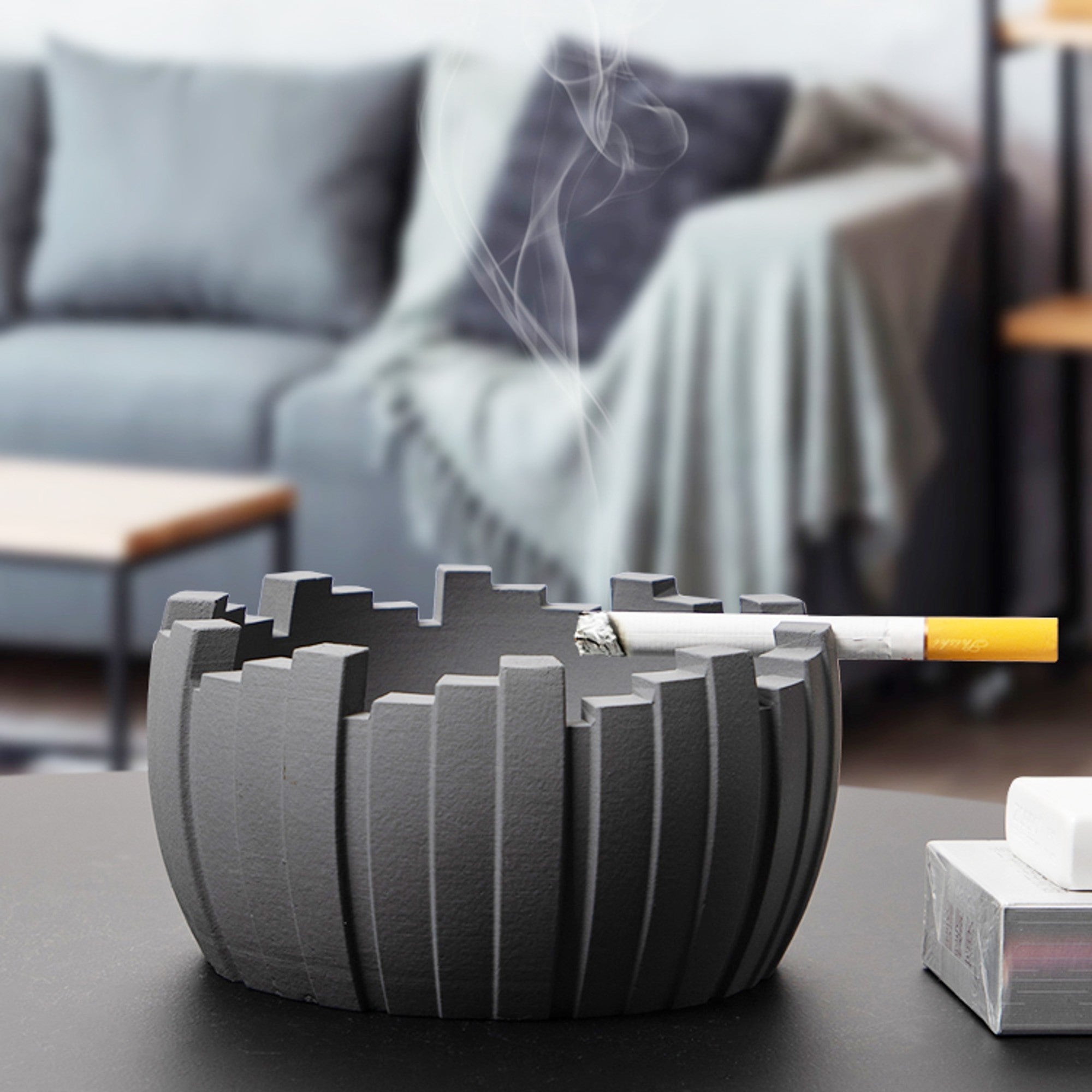 Portacenere Premium In Acciaio Inox E Pelle Sintetica - Con Coperchio Antivento, Colore Grigio