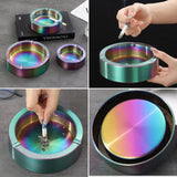 Collage of a rainbow-colored stainless steel metal ashtray with different views and uses.