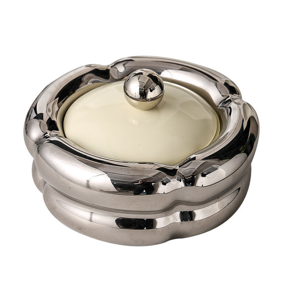 Elegant Ashtray with Lid Ceramic Cream White Silver Cool Cute Ash Tray Smokeless Lidded Covered Windproof