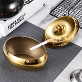 Oval Outdoor Ashtray with Lid Stainless Steel Windproof Covered Ash Tray Gold