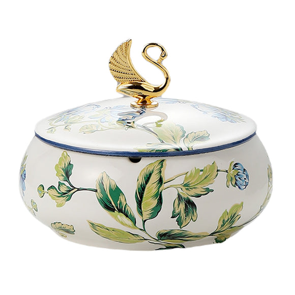 Elegant Ceramic Ashtray with Lid Gold Swan Knob Cool Handmade Outdoor Ash Tray Covered Lidded Windproof White