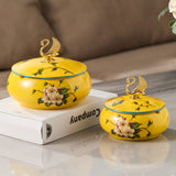 Elegant Ceramic Ashtray with Lid Gold Swan Knob Cool Handmade Outdoor Ash Tray Covered Lidded Windproof Yellow