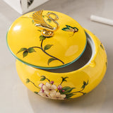Elegant Ceramic Ashtray with Lid Gold Swan Knob Cool Handmade Outdoor Ash Tray Covered Lidded Windproof Yellow