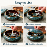 Easy-to-use ceramic ashtray guide showing how to rest, ash, stub, and close the lid
