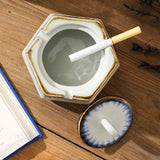 Outdoor Lidded Ashtray Cool Ceramic Ash Tray Hexagonal Covered Windproof Smokeless