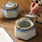 Outdoor Lidded Ashtray Cool Ceramic Ash Tray Hexagonal Covered Windproof Smokeless