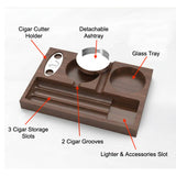 Wooden cigar ashtray organizer showing cigar cutter holder storage slots and detachable ashtray