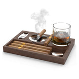 Wooden cigar ashtray organizer tray with detachable ashtray cigar cutter and whiskey glass