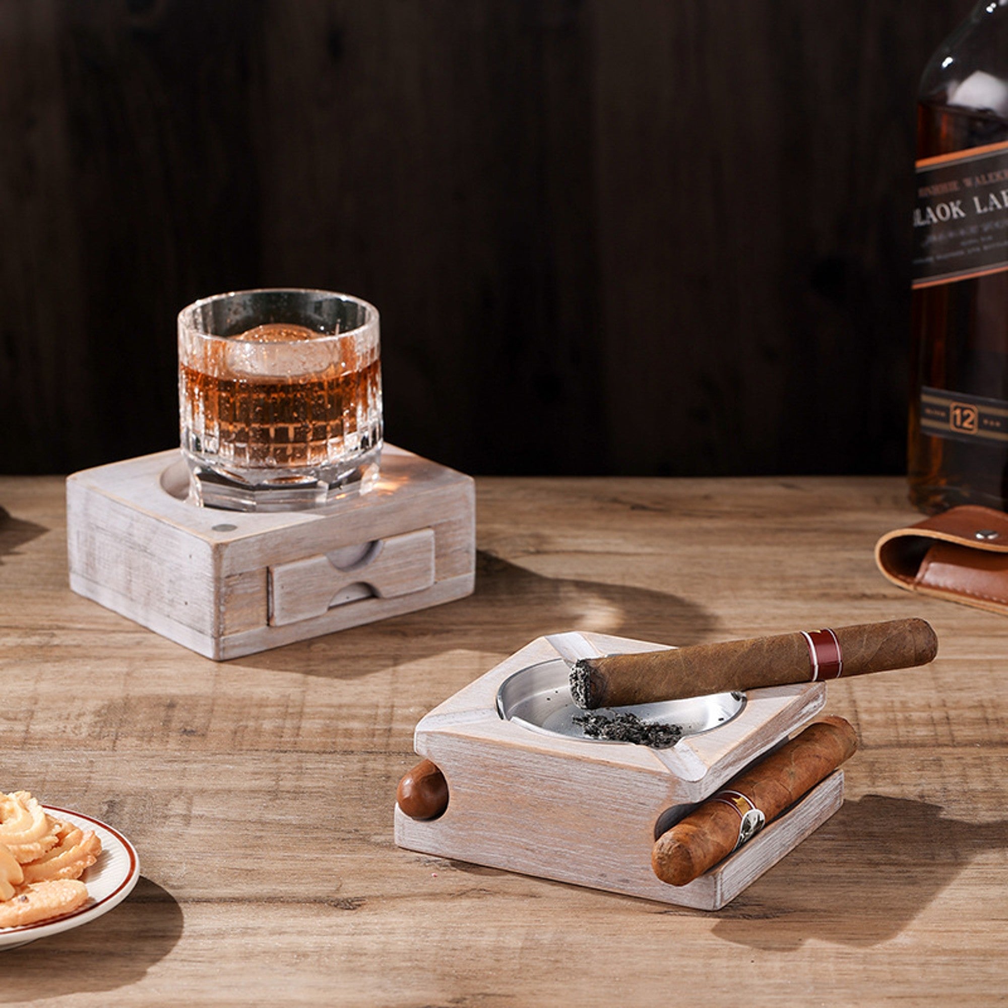 Solid Wood Cigar Ashtray with Whiskey Glass Coaster and Storage Drawer Brown