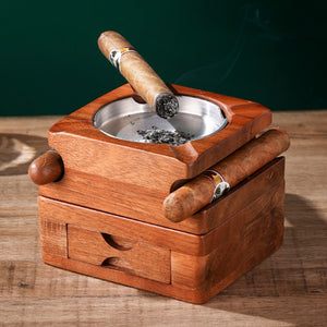 Cigar Ashtray with Whiskey Coaster Storage Drawer Wood