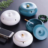 Outdoor Cute Covered Ashtray for patio with Lid Ceramic Handmade Blue White